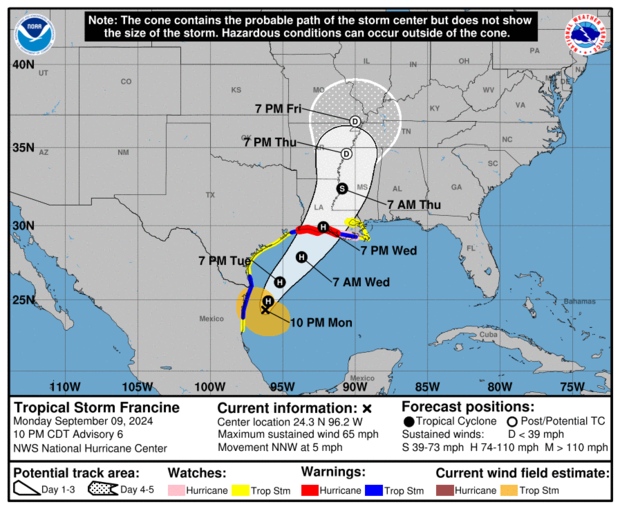 Tropical Storm Francine Gains Strength, Heads for Louisiana Coast with Potential for Hurricane Landfall