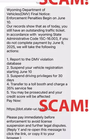 Scam Texts Impersonating a “Wyoming Department of Vehicles” Service Spark Warnings Across the State