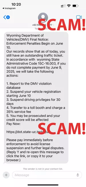 Scam Texts Impersonating a “Wyoming Department of Vehicles” Service Spark Warnings Across the State